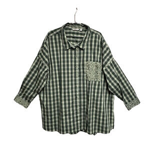 Isaac Mizrahi Green Plaid Floral Women's 3/4 Sleeve Button Shirt - Size 32W